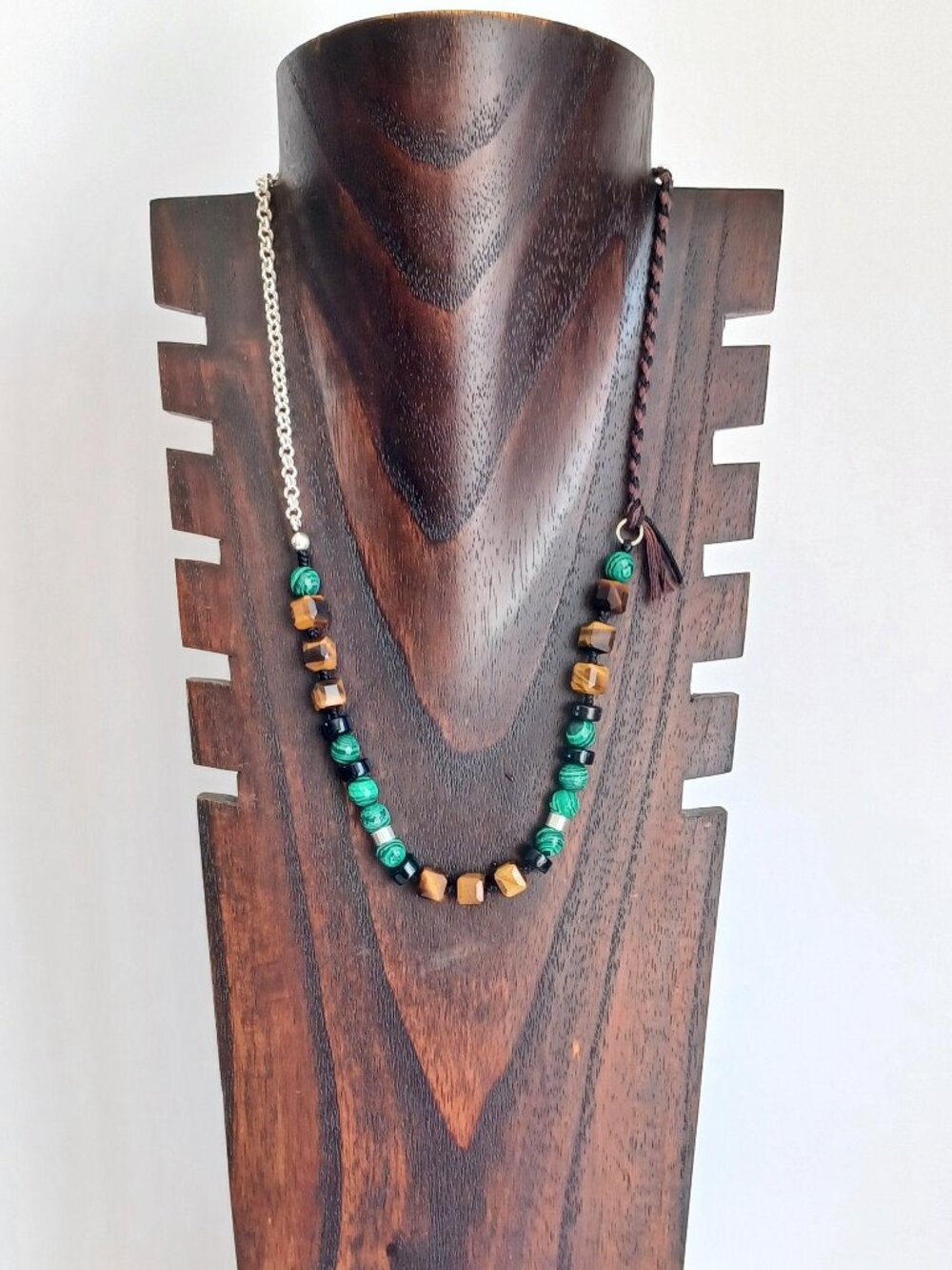 New men's tiger's eye with malachite stone and 925 sterling silver wrap necklace